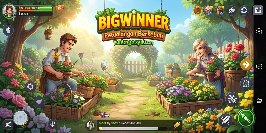 Tampilan gameplay menarik dari BIGWINNER yang menggambarkan aktivitas berkebun.