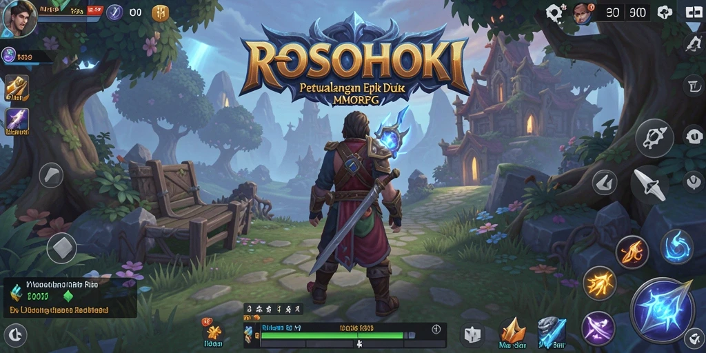 Screenshot utama ROSOHOKI menampilkan aksi pertempuran seru dalam game MMORPG.